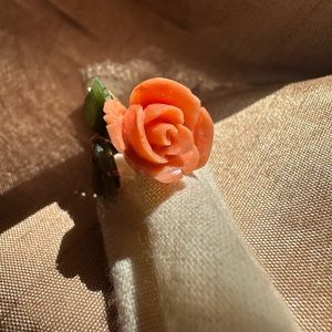 Vintage Carved Coral and jade 14k gold ring